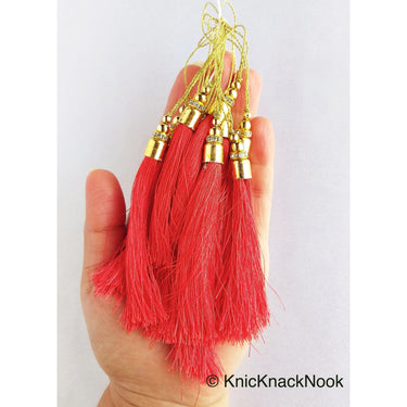 Valencia Orange Tassels With Gold Cap And Beads, Tassel Charms, Nylon Tassels x 12